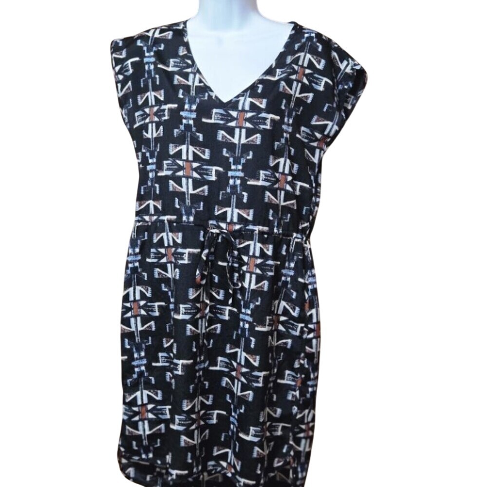 AQUA Womens Black Geometric‎ Tribal Print V-Neck Drawstring Shift Dress XS